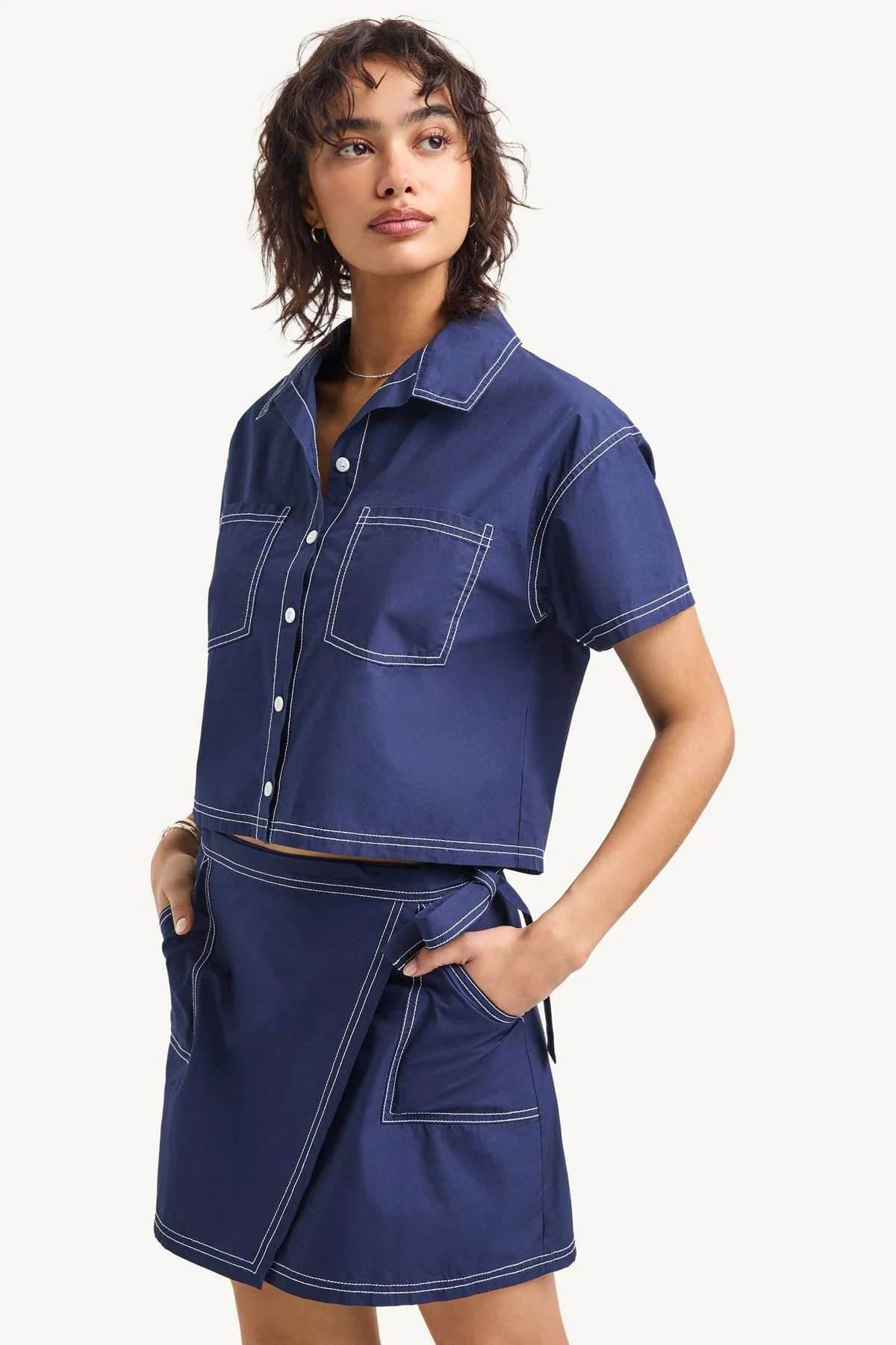 Ashley Cropped Shirt - Midnight Cotton Poplin