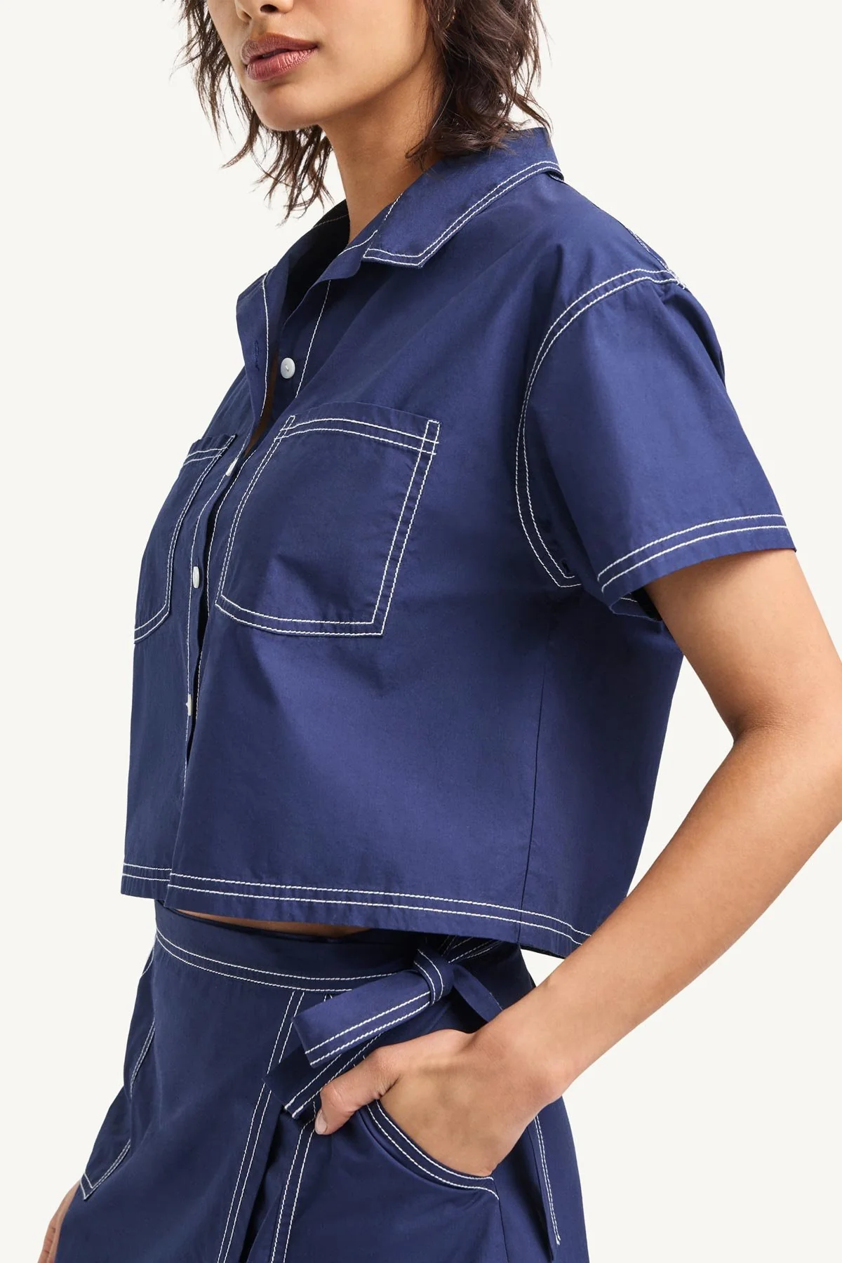 Ashley Cropped Shirt - Midnight Cotton Poplin