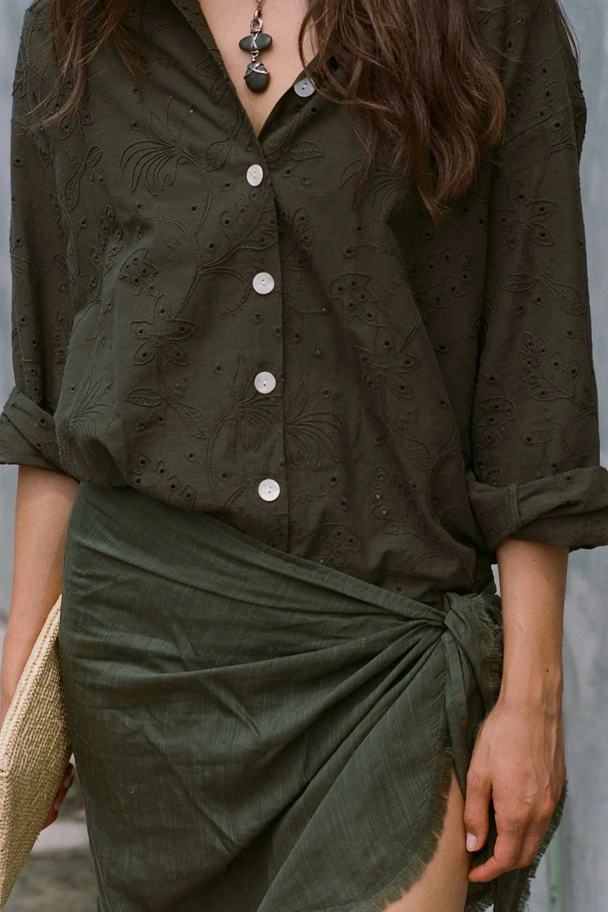 1469-playa-boyfriend-shirt-olive-tropical-eyelet-1.webp Playa Boyfriend Shirt - Olive Tropical Eyelet