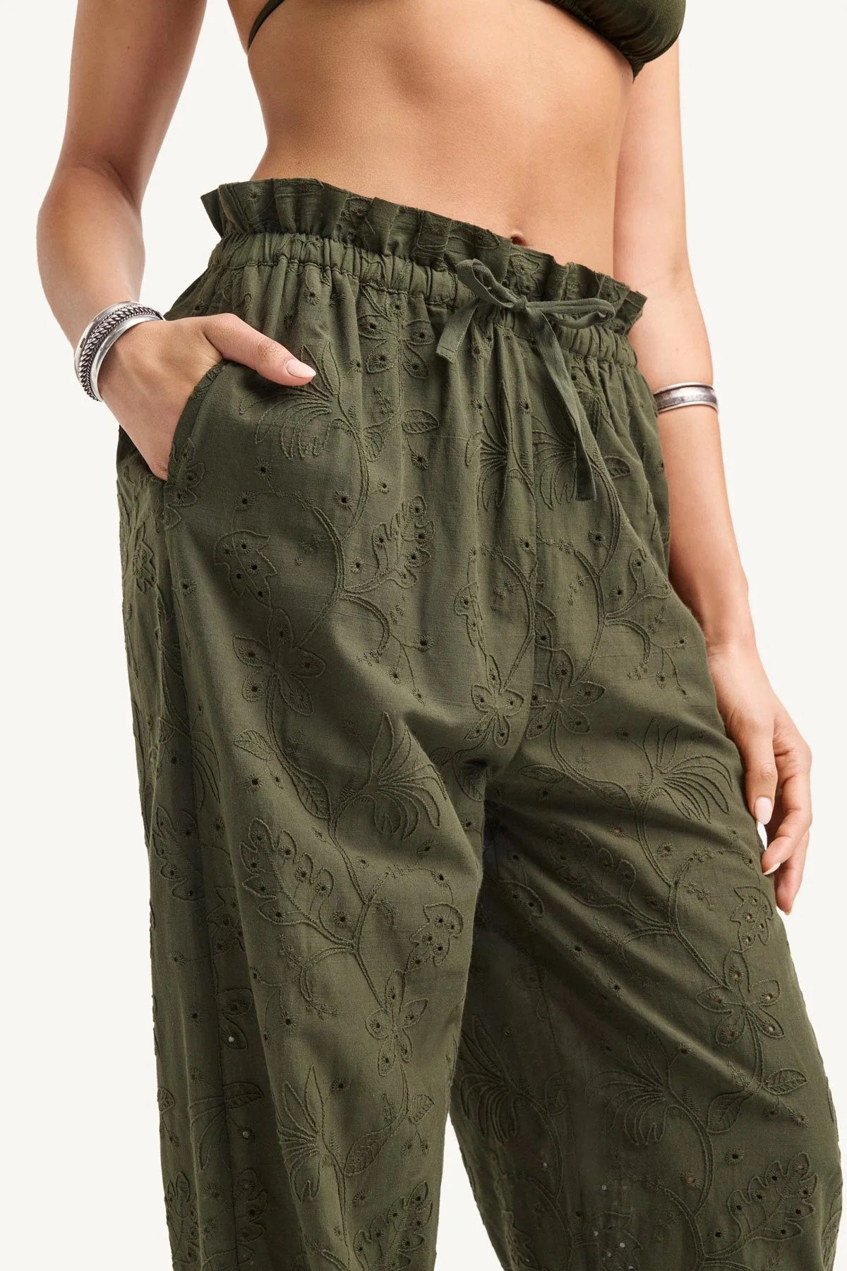 Faye Pant - Olive Tropical Eyelet