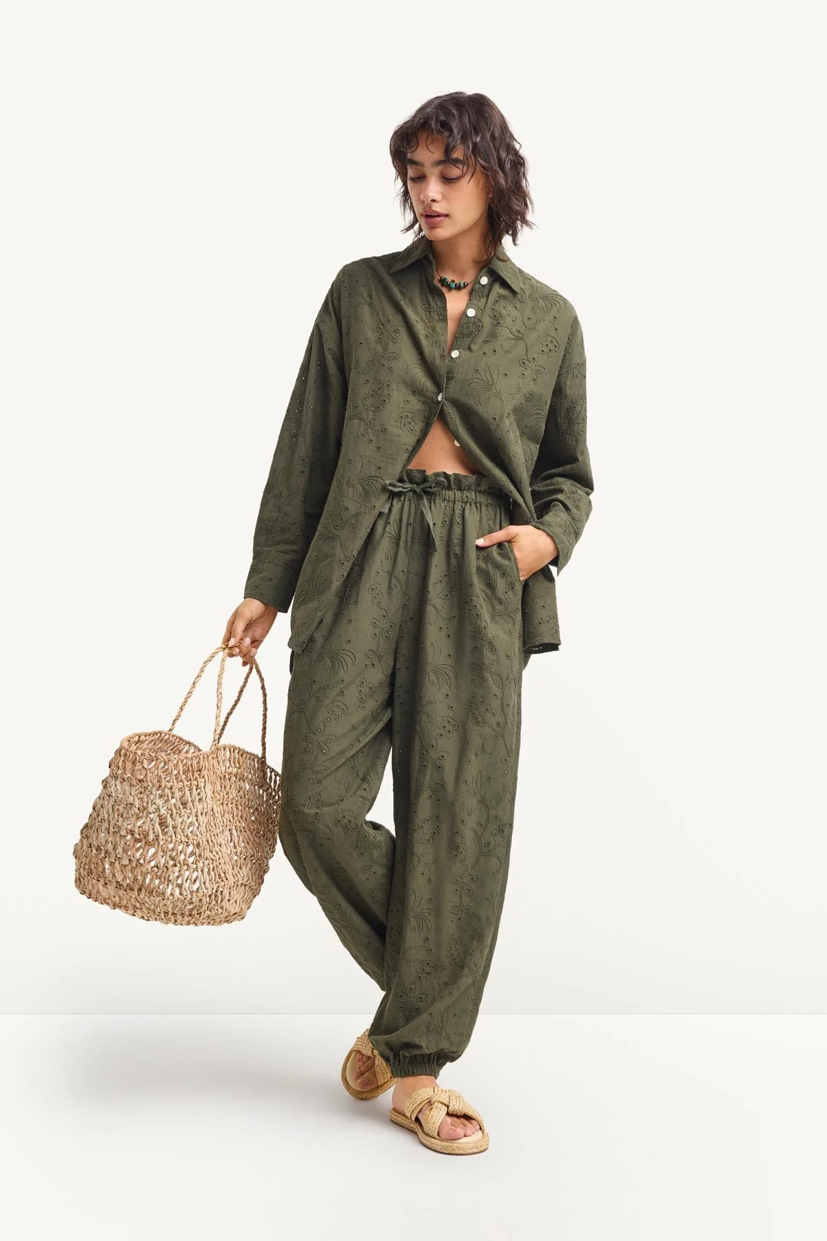 Faye Pant - Olive Tropical Eyelet