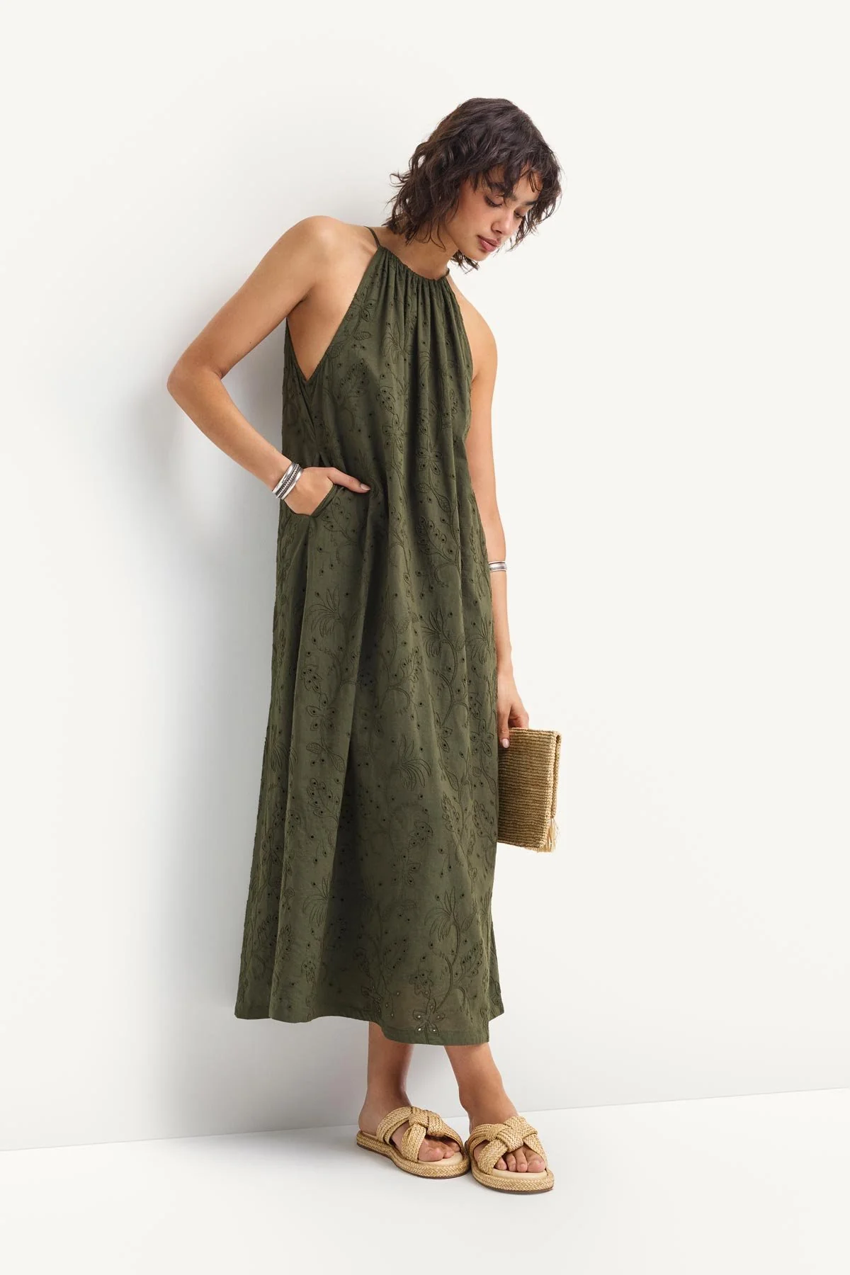 Alora High Neck Dress - Olive Tropical Eyelet