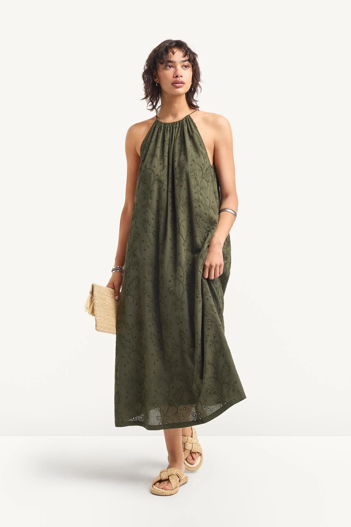 Alora High Neck Dress - Olive Tropical Eyelet