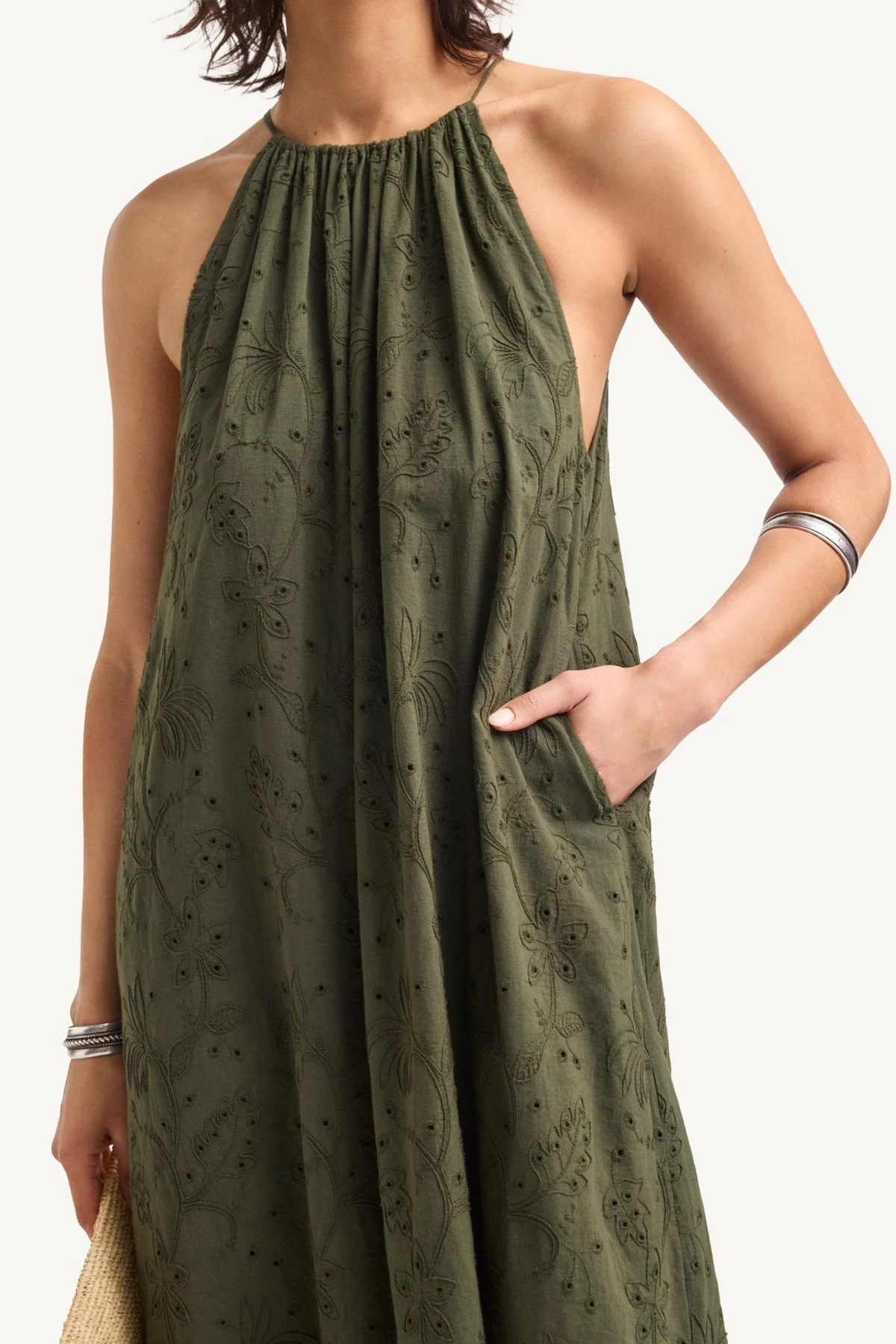 Alora High Neck Dress - Olive Tropical Eyelet