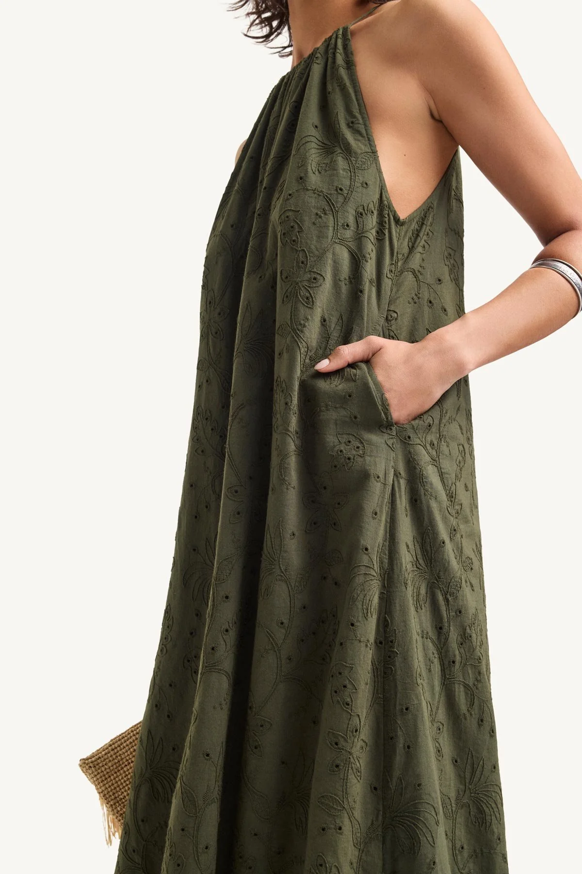 Alora High Neck Dress - Olive Tropical Eyelet