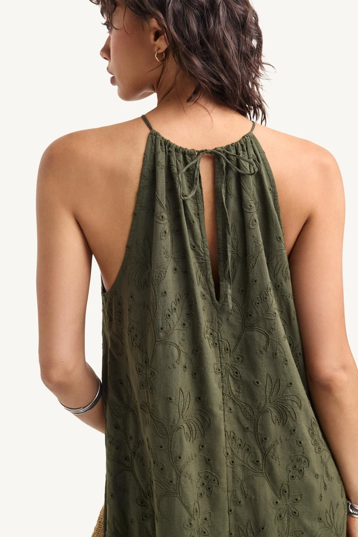 Alora High Neck Dress - Olive Tropical Eyelet