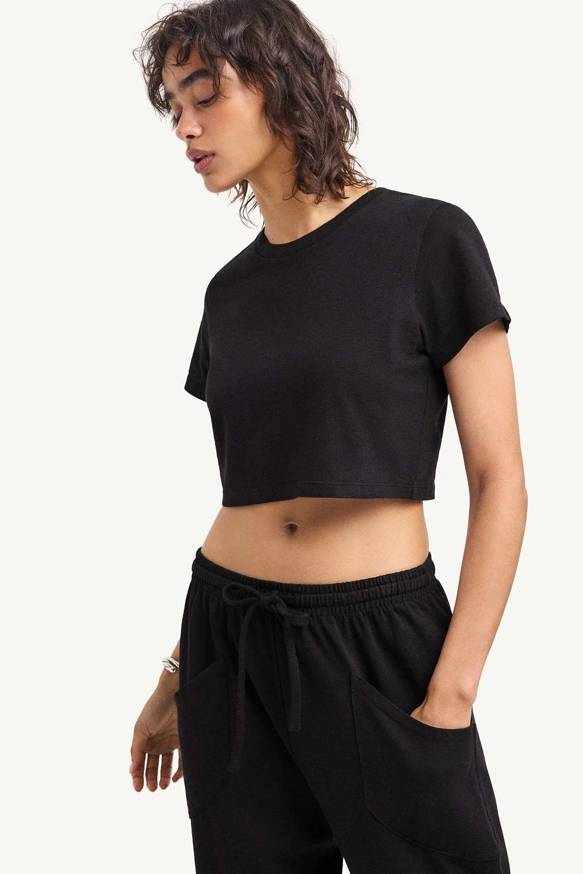 Coast Fitted Crop Shirt - Black Cotton Jersey