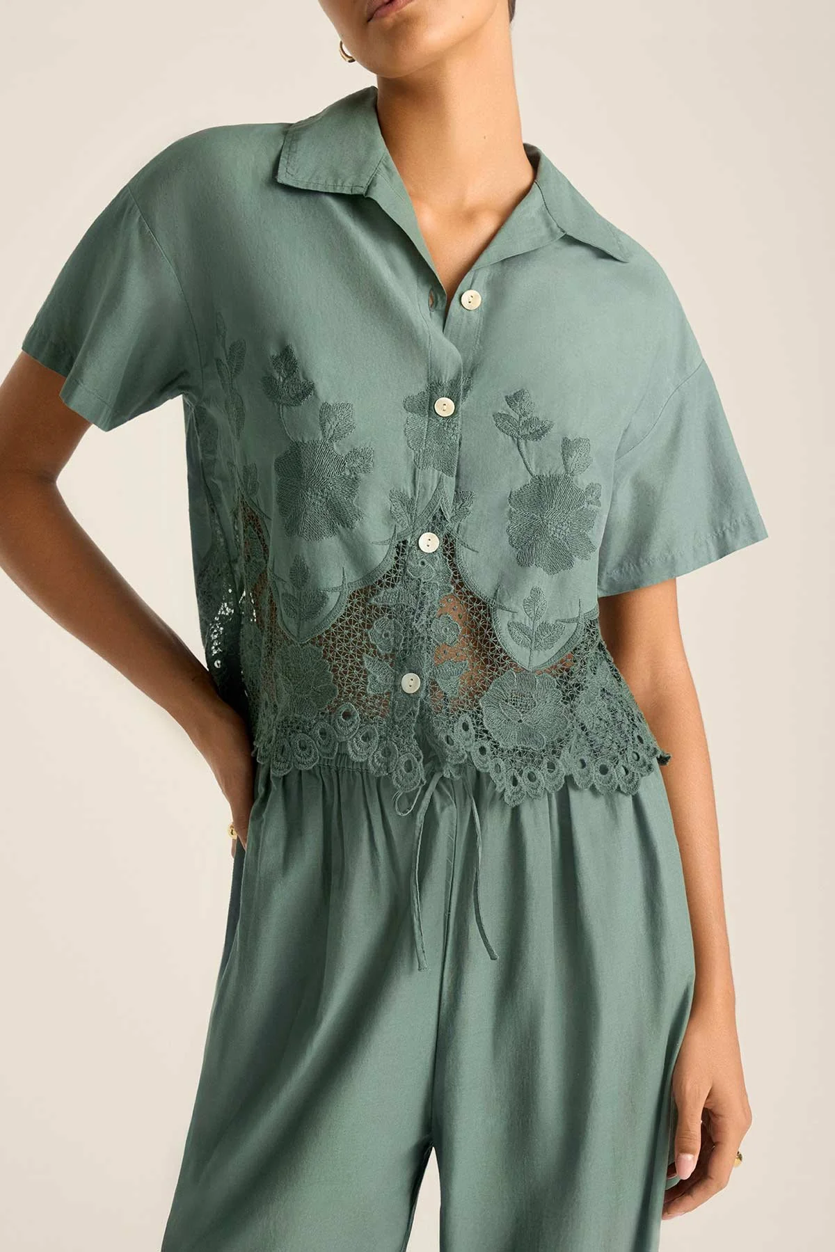 3682-flora-cropped-shirt-sea-green-beachside-broderie-1.webp Flora Cropped Shirt - Sea Green Beachside Broderie