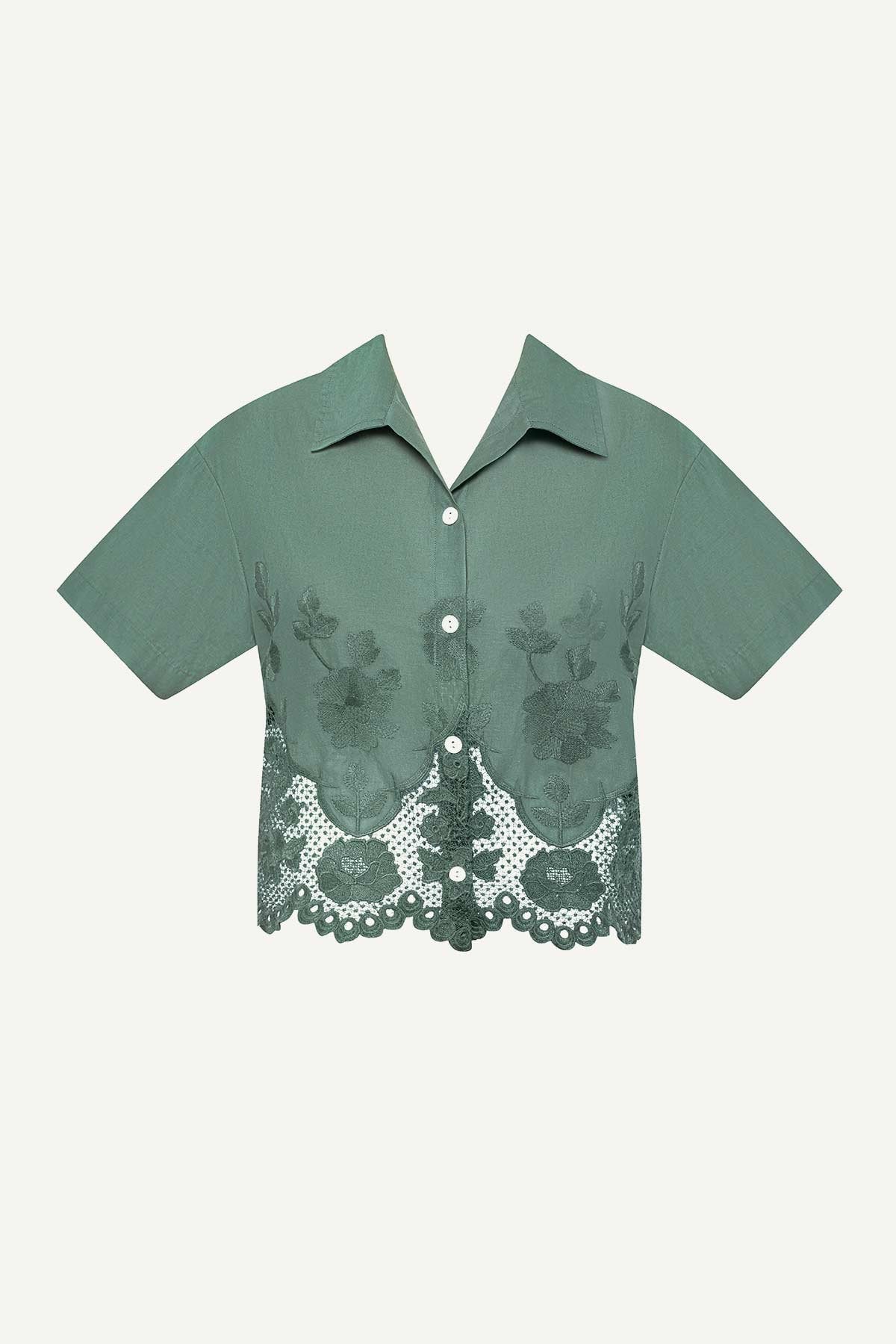 Flora Cropped Shirt - Sea Green Beachside Broderie